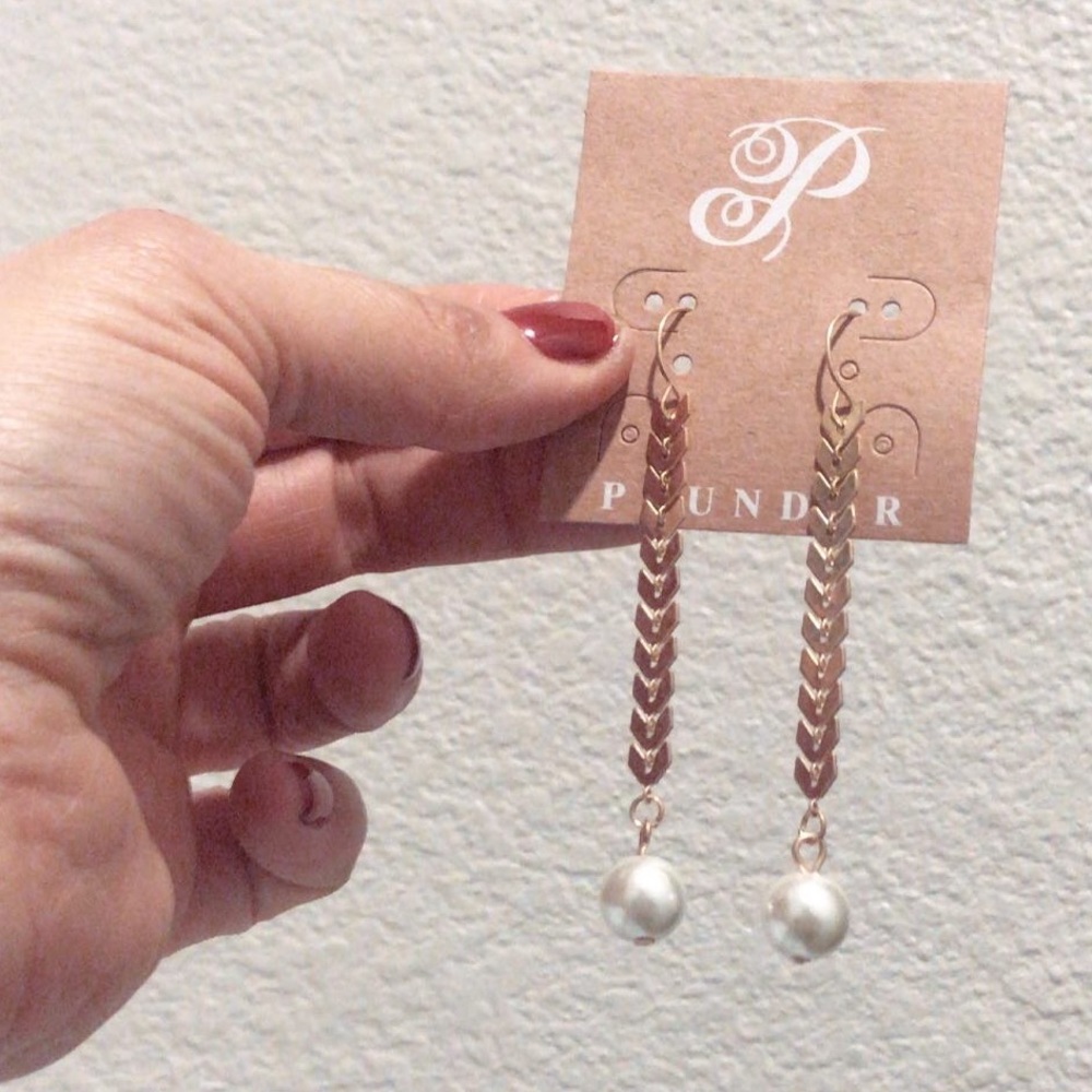 Gold beaded pearl drop down earrings